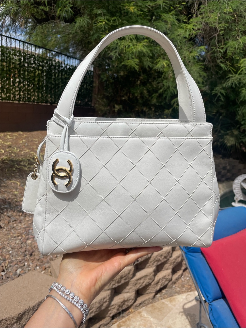 CHANEL White Quilted Leather Top-Handle Satchel with Gold Charm